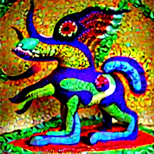 Image similar to mosaic sculpture of a alebrije chimera!!!, irregularly shaped mosaic tiles, hand glazed pottery shards, in the style of folk art, in a cottagecore flower garden