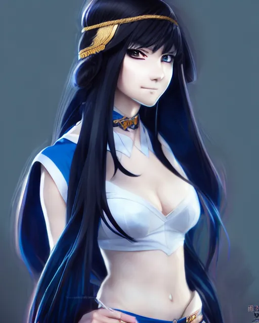 Image similar to anime character portrait of a female martial artist!! long black hair! blue eyes! elegant, intricate outfit, fine details by stanley artgerm lau, wlop, rossdraws, james jean, andrei riabovitchev, marc simonetti, and sakimichan, trembling on artstation