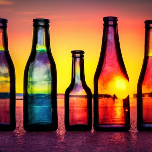 Prompt: glass bottles with sunset background, beautiful colors, photorealistic image