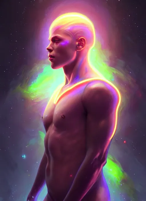 Prompt: a faceless masculine humanoid liquefied stardust adventurer, dnd fantasy character, full body portrait, glowing neon skin, magical aura, ultra realistic, intricate, elegant, highly detailed, digital painting, artstation, smooth, sharp, focus, illustration, art by artgerm and greg rutkowski and alphonse mucha