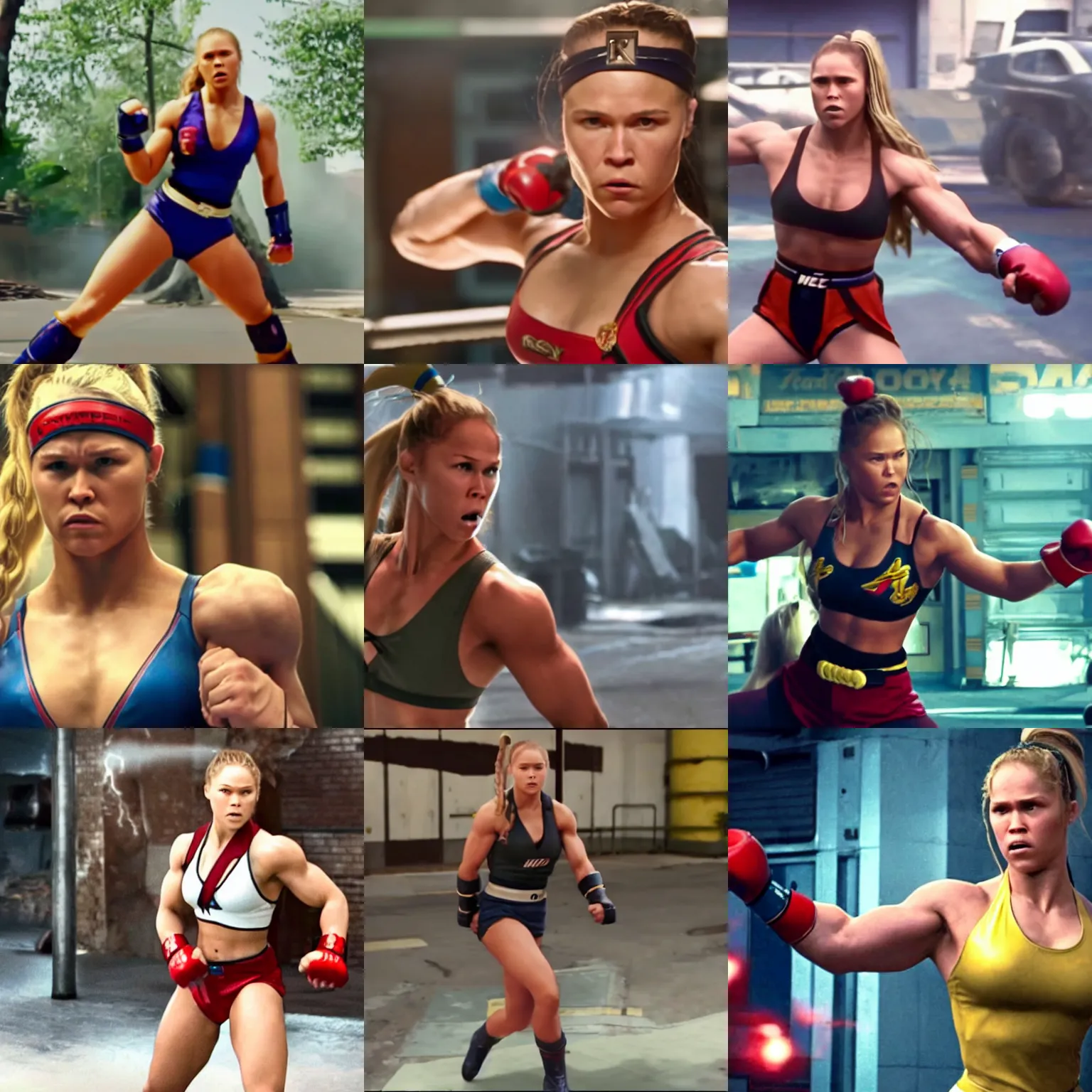 Prompt: cinematic still of Ronda Rousey as Cammy White in Street Fighter: The Movie (2018) doing a roundhouse kick