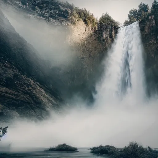 Prompt: photo of a mammoth next water fall mist, highly detailed, gettyimages, cinematic lighting, 4 k hd photo, trending on artstation, hyper realistic rendering photography, ultra wide angle, long shot, 8 k