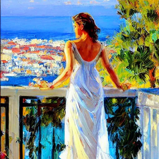 Prompt: the maiden standing on the balcony overlooking the aegean sea by andrew atroshenko