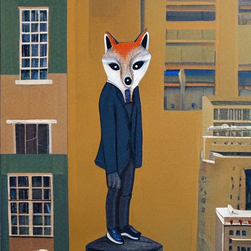 Prompt: anthropomorphic fox standing on a rooftop looking down on the city streets below, highly detailed painting