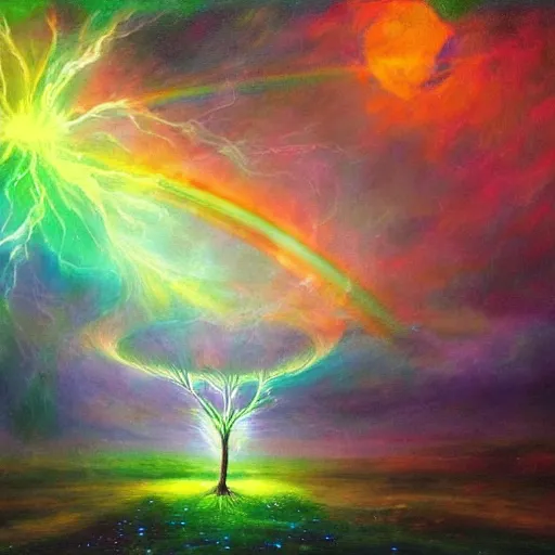 Image similar to the ghost of the world tree radiates rainbow light into the dark cosmos, epic painting, romanticism, atmospherics