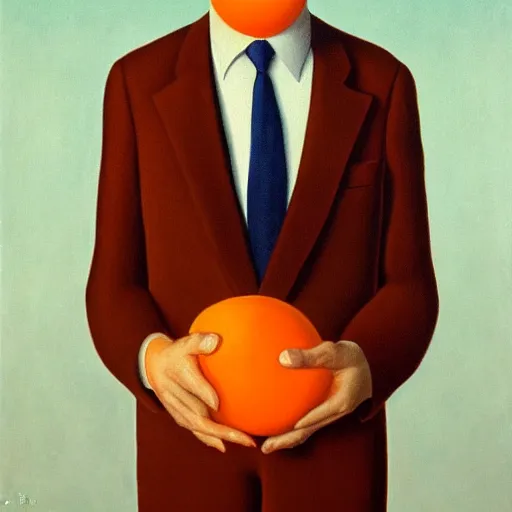 Image similar to portrait of a man in a suit with an orange in front of his face, full body shot, painting by rene magritte, high detail, high resolution