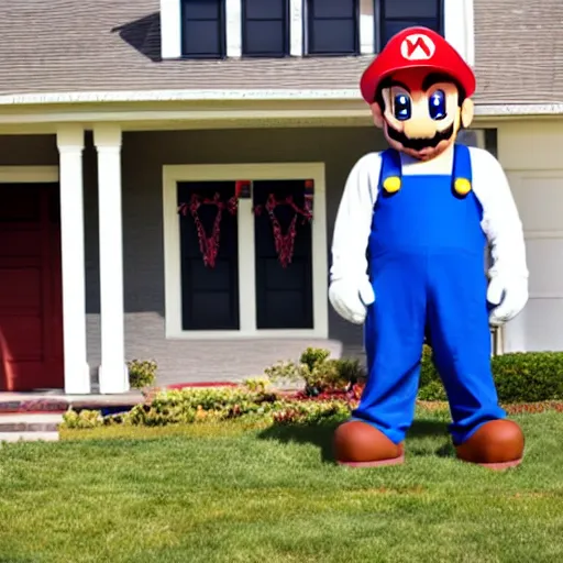 Image similar to bootleg super mario costumed man standing in front of an american house