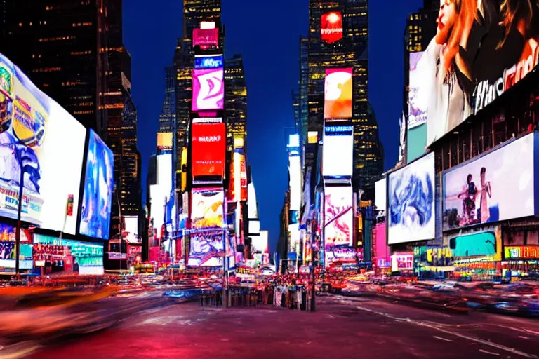 Prompt: a detailed photograph depicting times square at night. a giant digital billboard shows a heroic portrait of a proud blonde woman in her 6 0's. sci fi, neon lighting, futuristic.