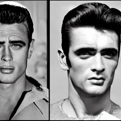 Image similar to genetic combination of james dean, elvis presley, sean connery, and frankenstein's monster. handsome man, prominent cheekbones, deep dimples, strong jaw, striking, hunk. face and upper body focus.