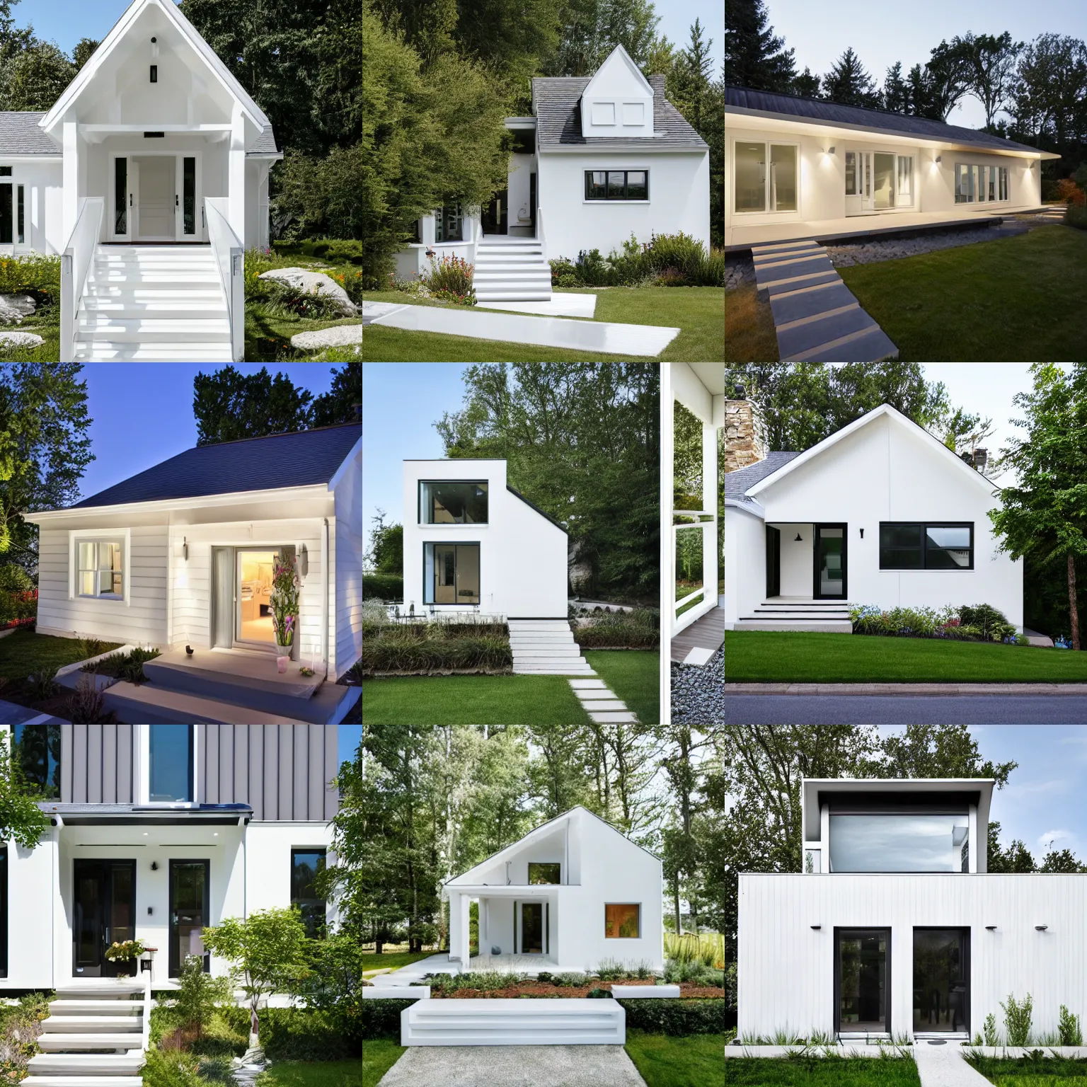 Prompt: exterior of a Modern cottage with light white paint, three steps, photo