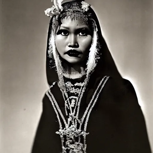 Image similar to A Filipino woman wearing demonic clothes, portrait, by Philippe Halsman