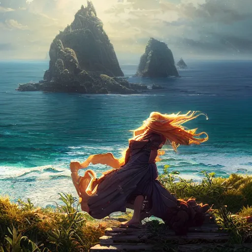 Prompt: epic view to sea with platforms, stephen bliss, unreal engine, fantasy art by greg rutkowski, loish, rhads, ferdinand knab, makoto shinkai and lois van baarle, ilya kuvshinov, rossdraws, tom bagshaw, alphonse mucha, global illumination, radiant light, detailed and intricate environment