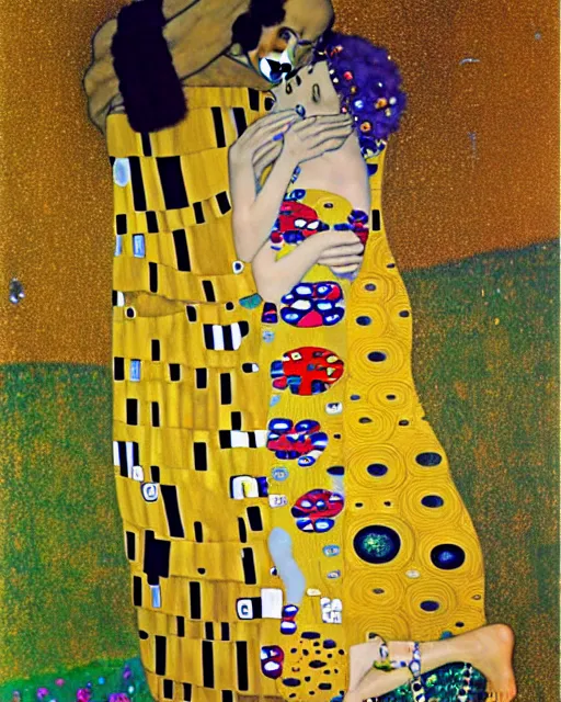 Image similar to homer and marge are in love, painting by gustav klimt, gold leaf on wood