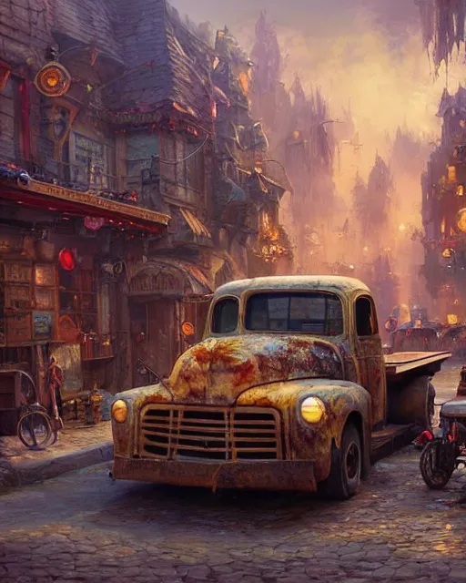 Image similar to old truck fallen apart in a street of a robust fantasy village, people gathered to watch, calming, uplifting mood, ultra realistic, factory, funny, small buildings, highly detailed, epic lighting, illuminated, cinematic, morning, art by eddie mendoza