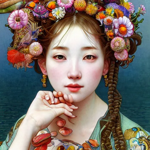 Image similar to a masterpiece ultrarealistic ultradetailed portrait of beautiful love fishmonger girl on street market baroque renaissance. medium shot, intricate, elegant, by stanley artgerm lau, wlop, alphonse mucha, rossdraws, andrei riabovitchev, yoshitaka amano. flower background my james jeand and takashi murakami.