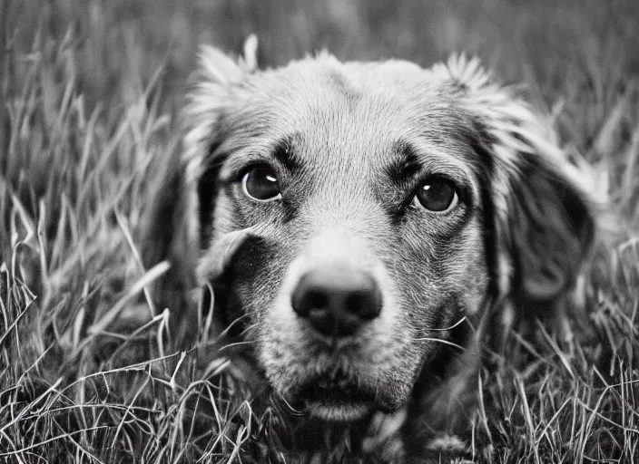 Prompt: a closeup, 4 5 mm, detailed photograph of real dog in grass land, beautiful low light, 4 5 mm, by franz lanting