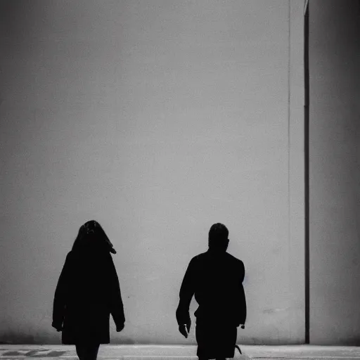 Prompt: black and white minimalist photo of three people walking on a street