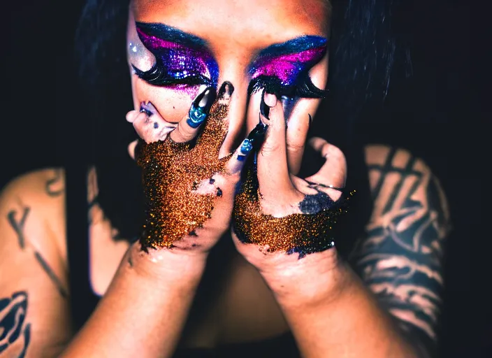 Image similar to Cinestill 50d photograph of a techwear mixed woman wearing thick mascara and dark glitter makeup crying outside of a city on fire, tattoos, tilted frame, 4k, 8k, hd, full color, bokeh