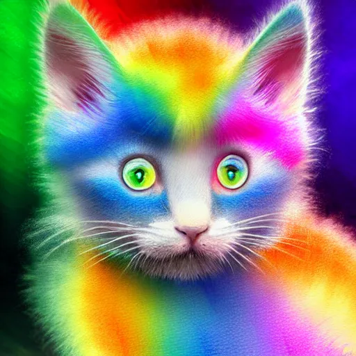 Image similar to of a very proud fluffy rainbow kitten with a glowing rainbow aura, digital art