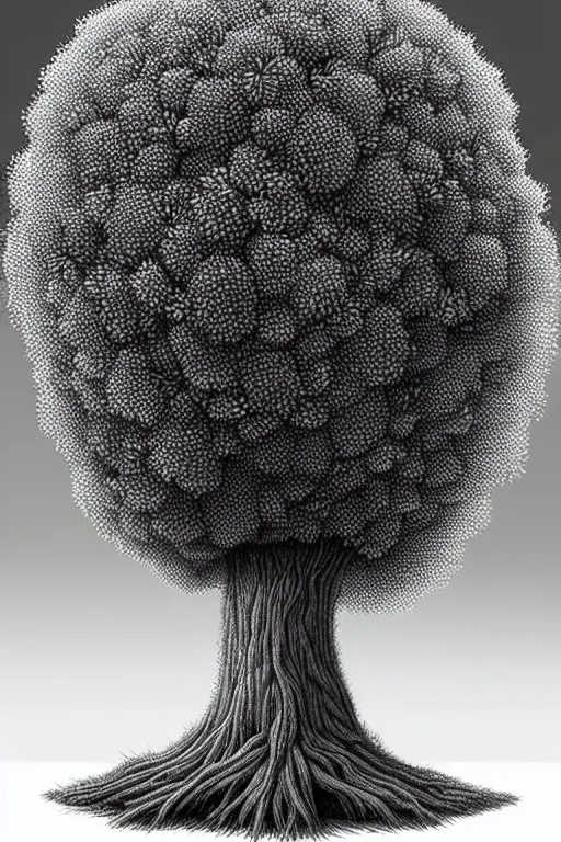 Image similar to an ant perspective view of a pompom tree, digital illustration by chris van allsburg and artgerm, surreal, photorealistic, award winning