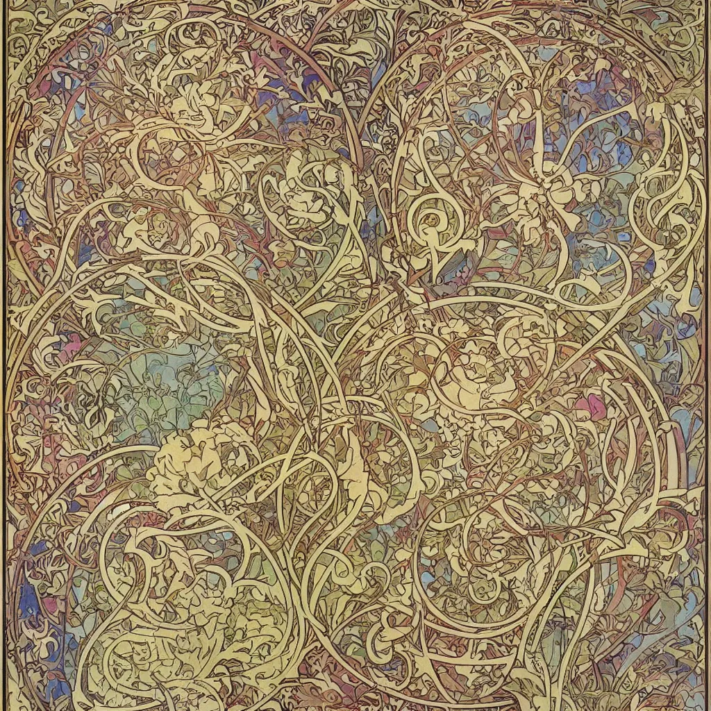 Image similar to colourful detailed ornamental photoreal shaded abstract art nouveau full sized circle, art by alphonse mucha and walter crane and louis sullivan and william morris