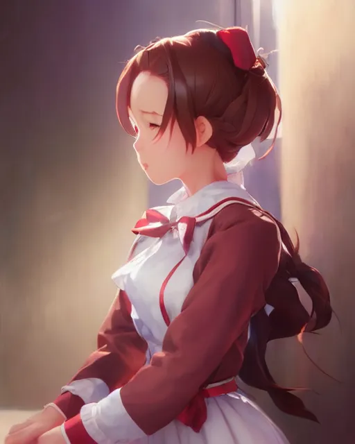 Image similar to young girl in maid uniform by Stanley Artgerm Lau, WLOP, Rossdraws, James Jean, Andrei Riabovitchev, Marc Simonetti, and kyoani, krenz cushart, pixiv