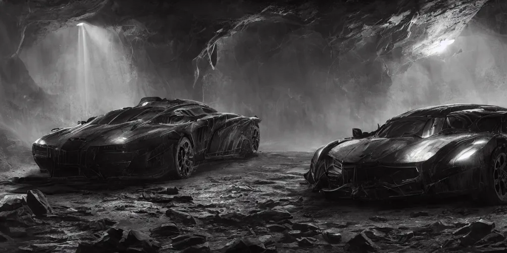 Prompt: the batmobile standing in a very dark and wet cave. highly detailed. intricate. mist. atmospheric. unreal engine render. rim light. photorealistic. 8 k. monochrome. cinematic. matte painting in the style of sparth and ash thorp. trending on artstation.