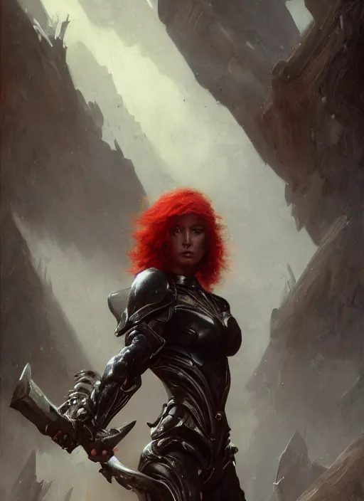 Prompt: red short haired muscular woman wearing flat black armour, detailed by gaston bussiere, bayard wu, greg rutkowski, giger, maxim verehin, greg rutkowski, masterpiece, sharp focus, cinematic lightning