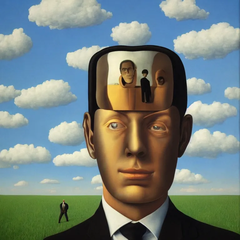 Image similar to portrait of a faceless reflective chrome - head man in a suit and black gloves, clouds and nature landscape in the background, by rene magritte, detailed painting, distance, centered, hd, hq, high resolution, high detail, 4 k, 8 k