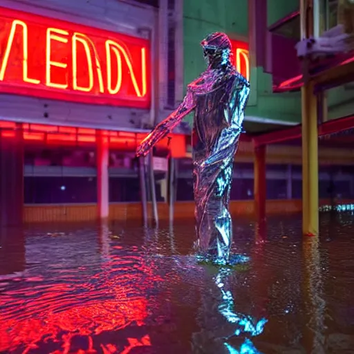 Image similar to a humanoid robot wearing a torn transparent plastic cloak walking the flooded streets of an abandoned futuristic city with neon signs,