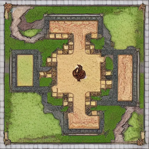 Image similar to D&D battlemap, village on fire, top down square grid