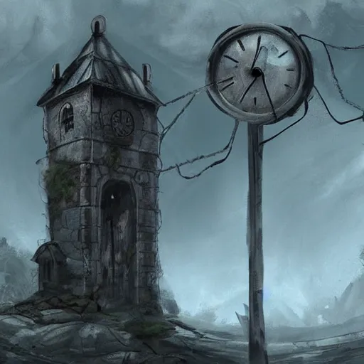 Image similar to an abandoned old,rusty, claimed by nature clock tower in a dark enormous cave, painting, illustration, Concept art, art station, DeviantArt