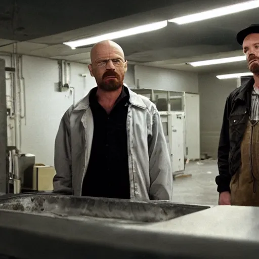 Image similar to walter white and jesse pinkman in gus frings underground laboratory on top of howard hamlin and lalo salamunca