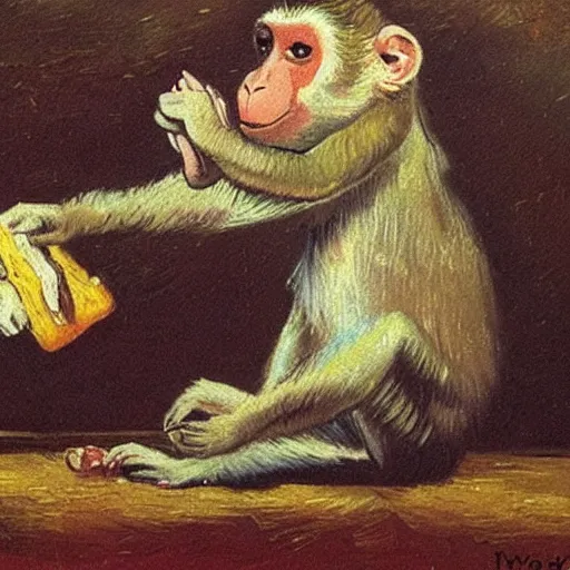 Prompt: a beautiful oil painting of a beautiful young monkey eating a rat sandwich , 8k , award winning , made in 1800's , old , painted by vincent van gogh