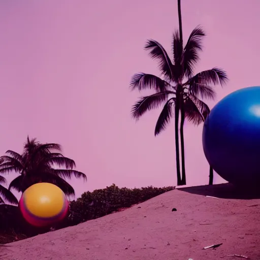 Image similar to noisy color photograph of an underground retrofuturist liminal space, staggered terraces, lonely palm tree next to a beach ball, deformations, minimalist, cinematic, soft vintage glow