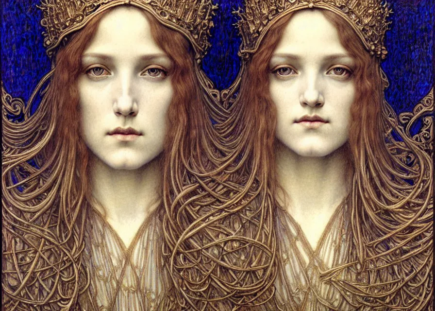 Image similar to detailed realistic beautiful young medieval queen face portrait by jean delville, gustave dore and marco mazzoni, art nouveau, symbolist, visionary, gothic, pre - raphaelite. horizontal symmetry