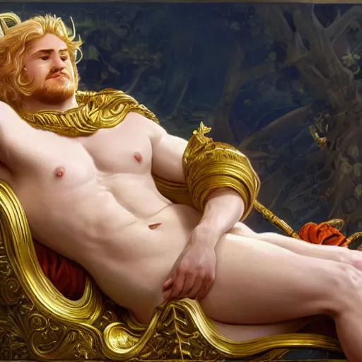 Prompt: Bacchus the pale blond Greek God league of legends on his day off, reclining on a lounge, long fluffy curly blond hair with Center parted curtain bangs, highly detailed, digital painting, artstation, concept art, golden ratio composition, smooth, sharp focus, illustration, ArtStation, art by artgerm and greg rutkowski and alphonse mucha and Edmund Blair Leighton and Charlie Bowater