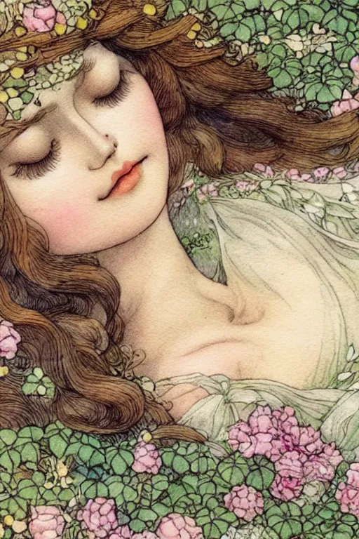 Image similar to closeup face shot of sleeping woman with long hair on a bed surrounded by ivy and flowers, fantasy art, trending on artstation, sleeping beauty fairytale, art by hans zatzka and walter crane and kay nielsen, watercolor illustration,