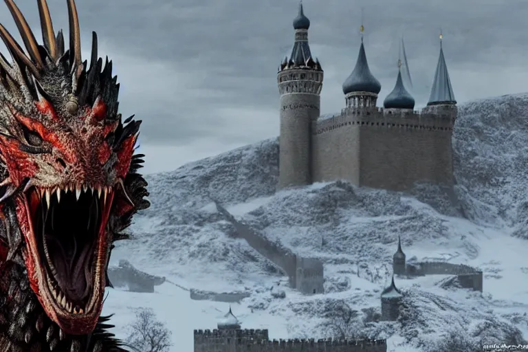 Image similar to Historical photo of Dragon from Game of Thrones in Russian Kremlin, photorealism