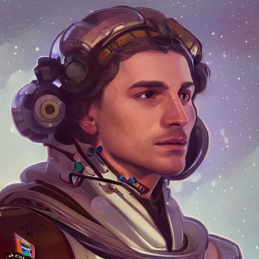 Image similar to portrait of a male space explorer, D&D, fantasy, elegant, hopeful, cosmic, muscular, highly detailed, digital painting, artstation, concept art, smooth, sharp focus, illustration, art by alphonse mucha