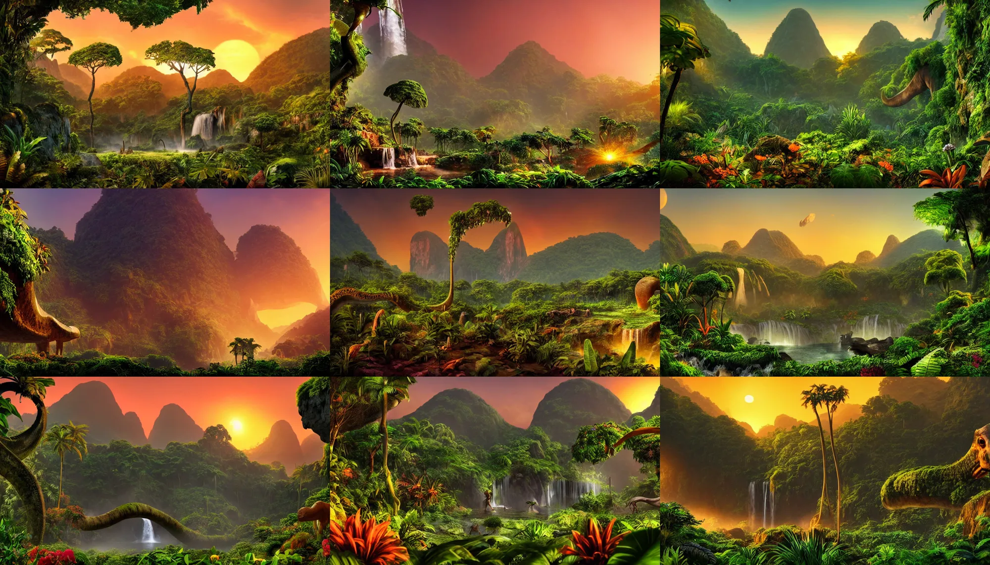 Prompt: a lush prehistoric jungle cave, lush flora, a humongous brachiosaurus in the background, waterfall and mountains in the background, flowers, vines, orange sky, dark, sunset, hazy, volumetric lighting, rtx on, photorealistic render, beautiful, stunning, ultra - detailed