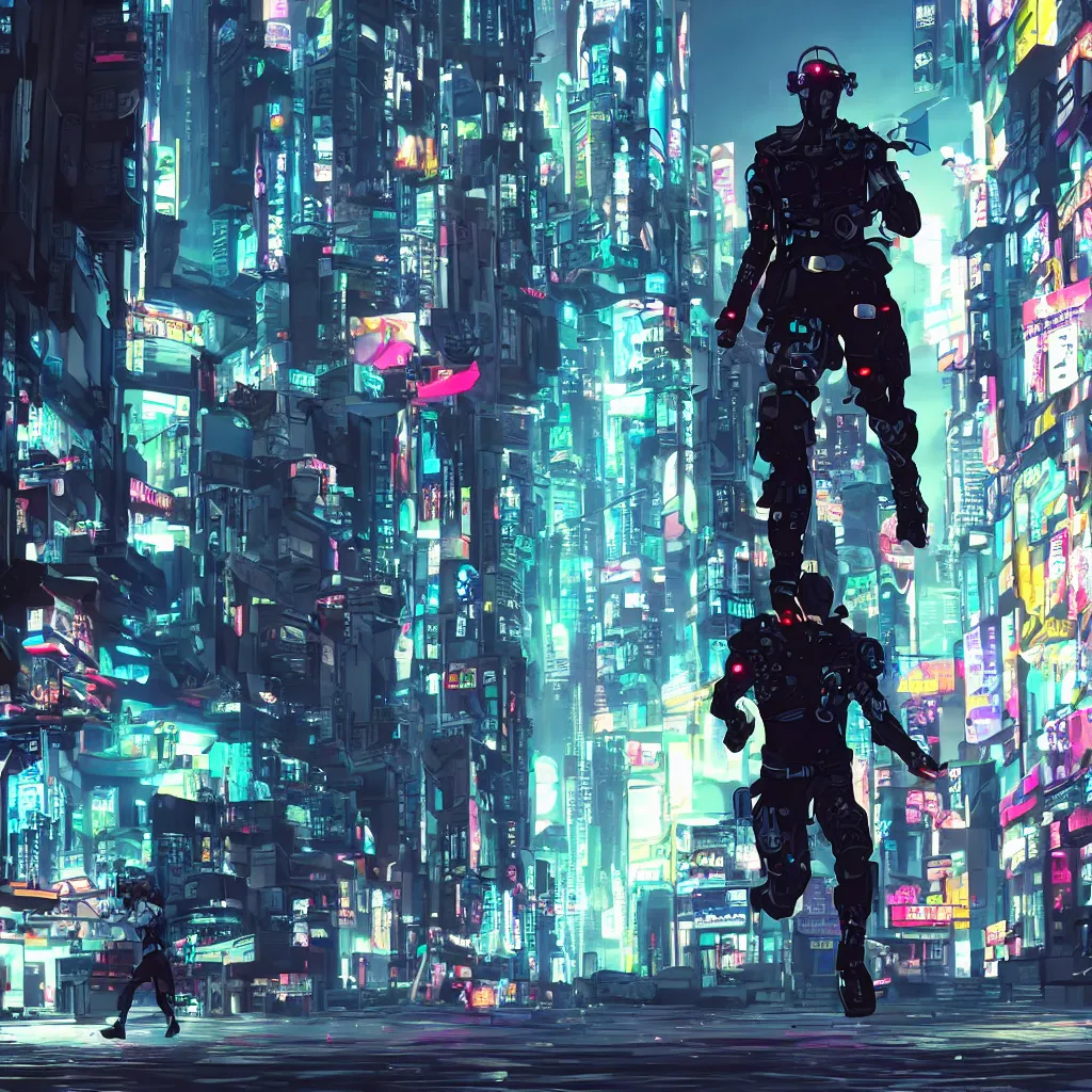 Prompt: a cyberpunk soldier running in full speed in a cyberpunk city, anime