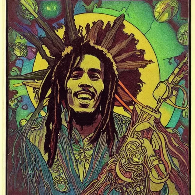 Prompt: polaroid of a vintage record cover by Franklin Booth showing a portrait of Bob Marley as a futuristic space shaman, Alphonse Mucha background, psychedelic art, Reggae, Jamaica, star map, smoke, sciFi