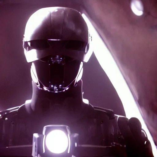 Image similar to movie still of cool cyborg, cinematic composition, cinematic light, by edgar wright and david lynch