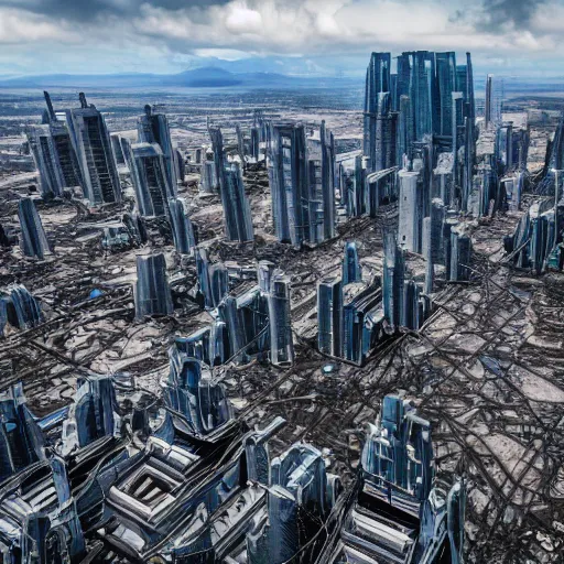 Image similar to Giant futuristic megacity towering across the landscape, post apocalyptic, EOS-1D, f/16, ISO 200, 1/160s, 8K, RAW, unedited, symmetrical balance, in-frame