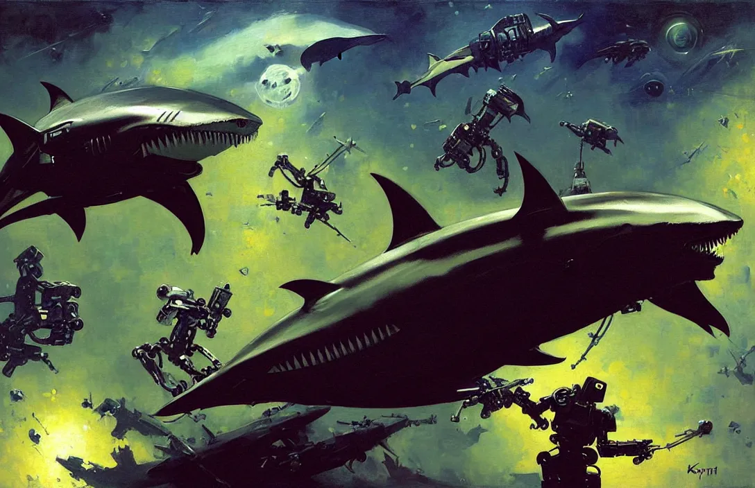 Image similar to a robotic space shark, detailed painting, epic lighting, by ilya repin, phil hale and kent williams