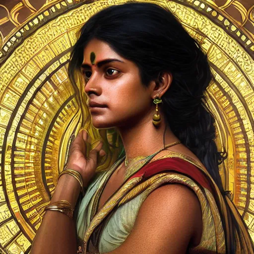 Image similar to south indian woman, sari, ultra realistic, concept art, intricate details, eerie, horror, highly detailed, photorealistic, octane render, 8 k, unreal engine. art by artgerm and greg rutkowski and alphonse mucha