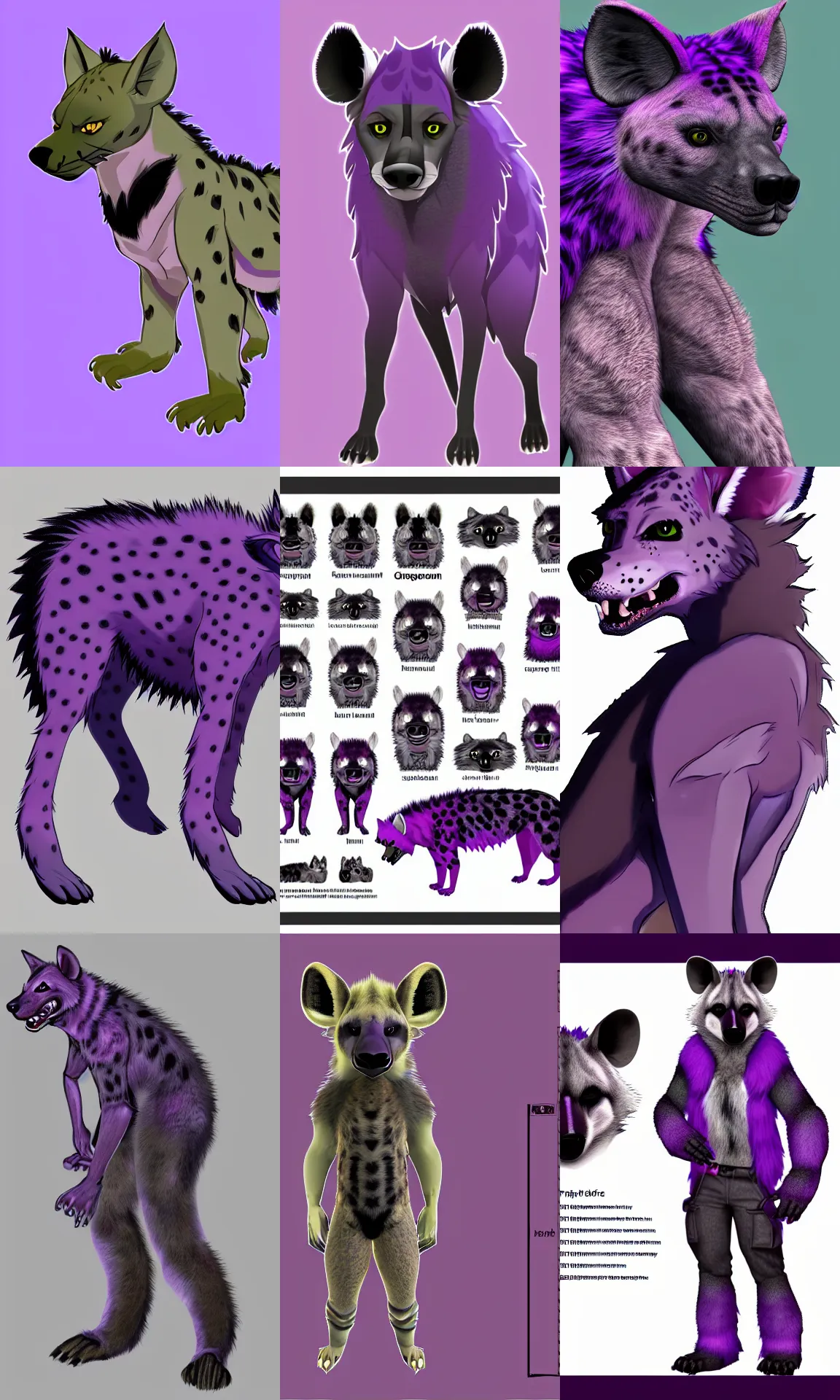 Prompt: a front - perspective furry reference sheet, a male hyena fursona, purple and black color scheme, trending on weasyl, high - resolution, photorealistic