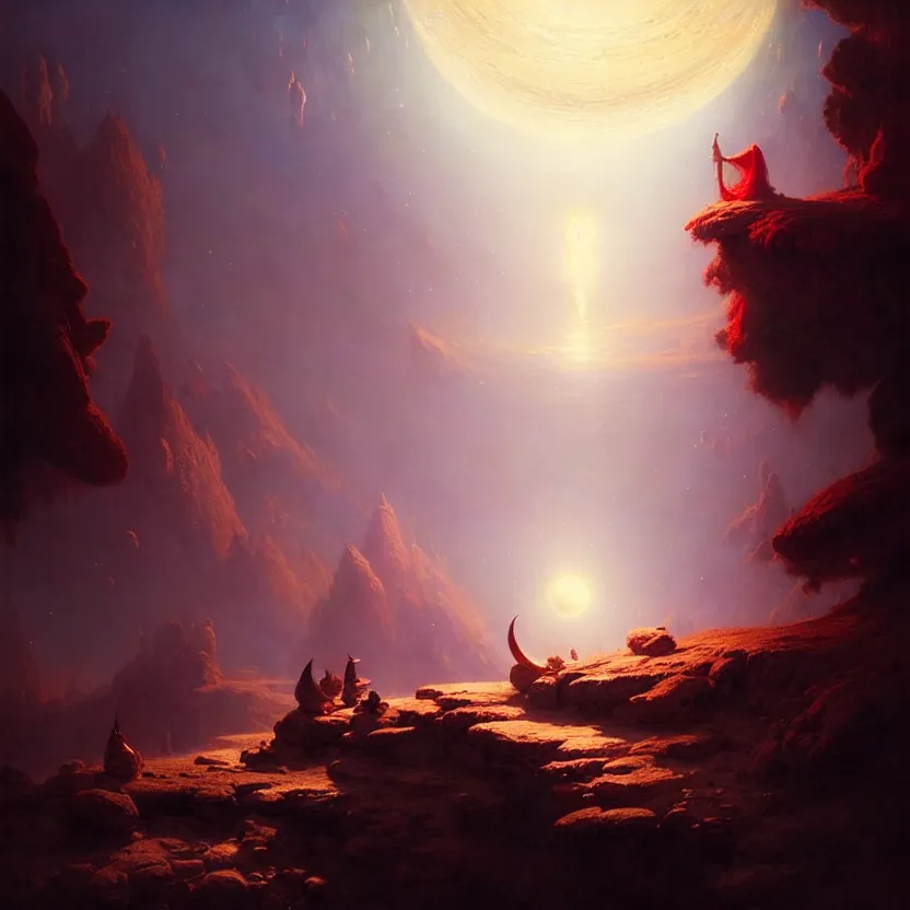 Image similar to giant shining crescent in a magic fluffy persian carpet dimension, by greg rutkowski and gaston bussiere, dim lighting, beautiful volumetric - lighting - style atmosphere, surreal atmosphere, intricate, detailed, photorealistic imagery, artstation