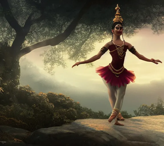 Prompt: a beautiful concept art of hindu god ballerina in a serene landscape, octane, cinematic lighting, detailed, artstation